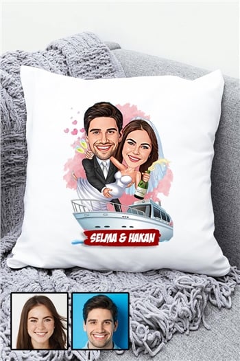 Eşe Komik Hediye Gelin Damat Temalı Karikatürlü Yastık