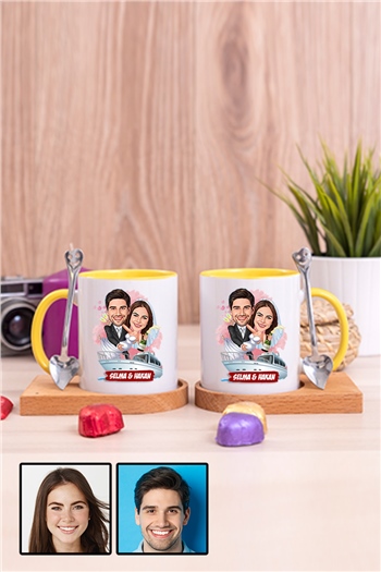 Eşe Komik Hediye Gelin Damat Temalı Karikatürlü İkili Ahşap Altlıklı İçi Renkli Kupa Bardak