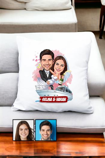 Eşe Komik Hediye Gelin Damat Temalı Karikatürlü Yastık