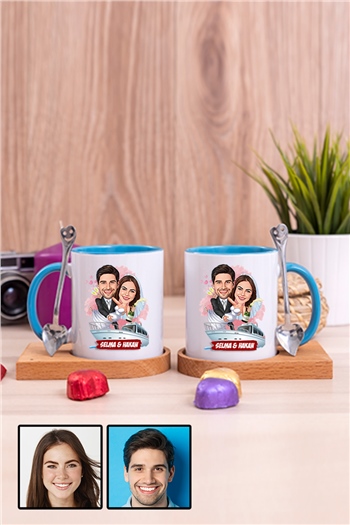 Eşe Komik Hediye Gelin Damat Temalı Karikatürlü İkili Ahşap Altlıklı İçi Renkli Kupa Bardak