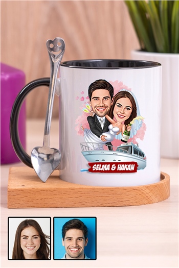 Eşe Komik Hediye Gelin Damat Temalı Karikatürlü Ahşap Altlıklı İçi Renkli Kupa Bardak