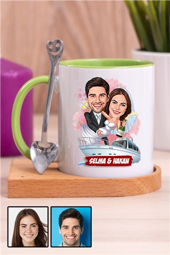 Eşe Komik Hediye Gelin Damat Temalı Karikatürlü Ahşap Altlıklı İçi Renkli Kupa Bardak