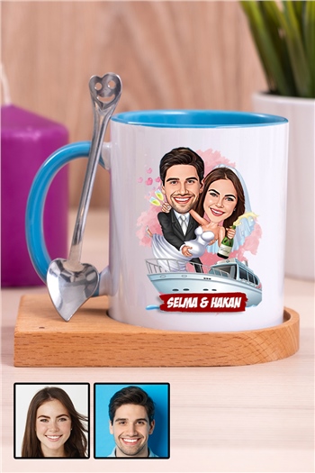 Eşe Komik Hediye Gelin Damat Temalı Karikatürlü Ahşap Altlıklı İçi Renkli Kupa Bardak