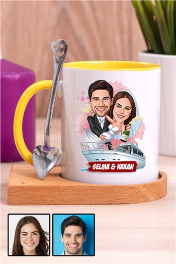 Eşe Komik Hediye Gelin Damat Temalı Karikatürlü Ahşap Altlıklı İçi Renkli Kupa Bardak