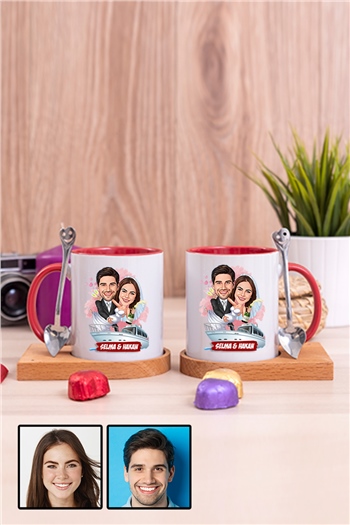 Eşe Komik Hediye Gelin Damat Temalı Karikatürlü İkili Ahşap Altlıklı İçi Renkli Kupa Bardak