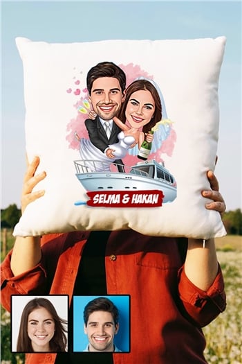 Eşe Komik Hediye Gelin Damat Temalı Karikatürlü Yastık