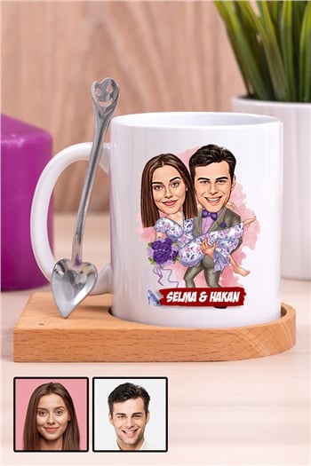 Eşe Romantik Hediye Karikatürlü Ahşap Altlıklı Beyaz Kupa Bardak