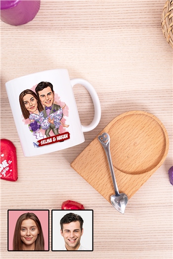 Eşe Romantik Hediye Karikatürlü Ahşap Altlıklı Beyaz Kupa Bardak