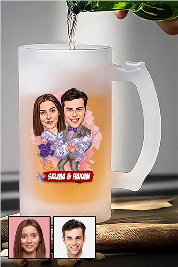 Eşe Romantik Hediye Karikatürlü Buzlu Cam Bira Bardağı