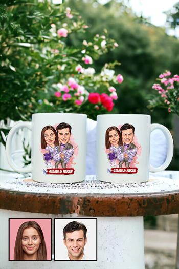 Eşe Romantik Hediye Karikatürlü İkili Beyaz Kupa Bardak