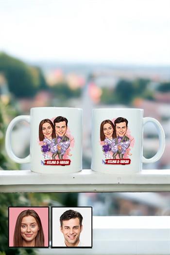 Eşe Romantik Hediye Karikatürlü İkili Beyaz Kupa Bardak