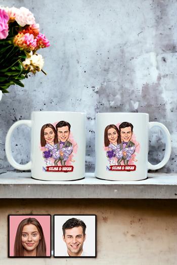 Eşe Romantik Hediye Karikatürlü İkili Beyaz Kupa Bardak