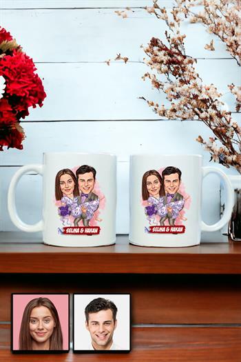 Eşe Romantik Hediye Karikatürlü İkili Beyaz Kupa Bardak
