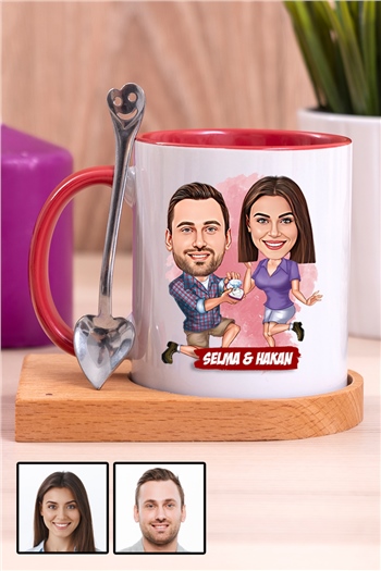 Kız Arkadaşa Yıl Dönümü Hediyesi Karikatürlü Ahşap Altlıklı İçi Renkli Kupa Bardak