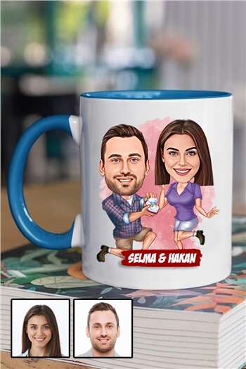 Eşe Romantik Yıl Dönümü Hediyesi Karikatürlü İçi Renkli Kupa Bardak