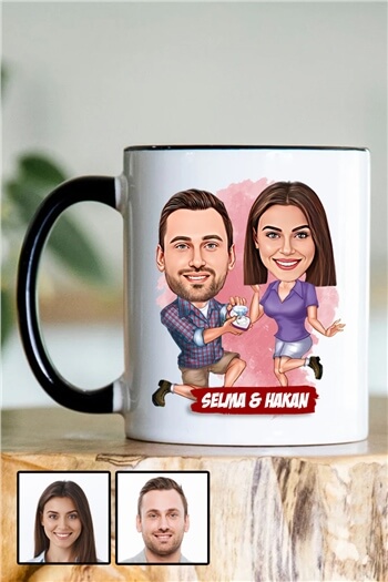 Eşe Romantik Yıl Dönümü Hediyesi Karikatürlü İçi Renkli Kupa Bardak