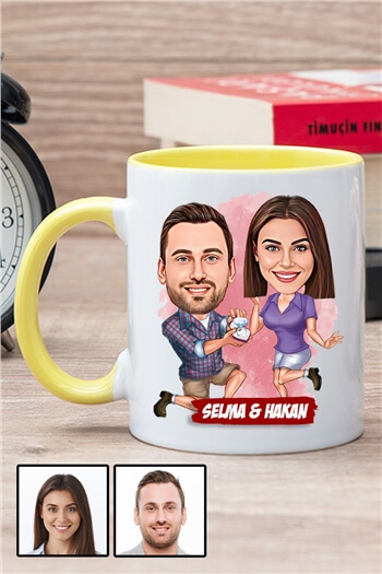 Eşe Romantik Yıl Dönümü Hediyesi Karikatürlü İçi Renkli Kupa Bardak