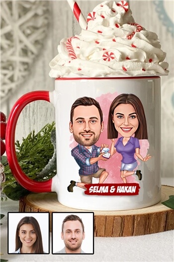 Eşe Romantik Yıl Dönümü Hediyesi Karikatürlü İçi Renkli Kupa Bardak