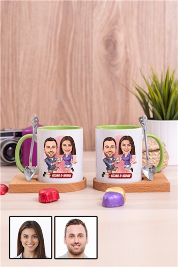 Eşe Yıldönümü Hediyesi Karikatürlü İkili Ahşap Altlıklı İçi Renkli Kupa Bardak