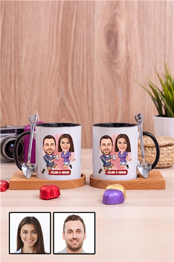 Eşe Yıldönümü Hediyesi Karikatürlü İkili Ahşap Altlıklı İçi Renkli Kupa Bardak