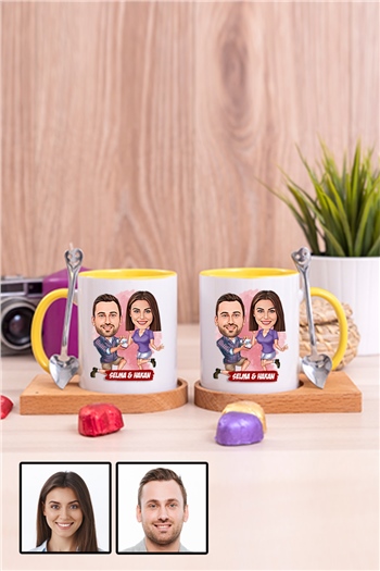 Eşe Yıldönümü Hediyesi Karikatürlü İkili Ahşap Altlıklı İçi Renkli Kupa Bardak