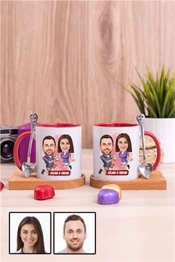 Eşe Yıldönümü Hediyesi Karikatürlü İkili Ahşap Altlıklı İçi Renkli Kupa Bardak