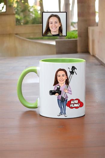 Fotoğrafçıya Hediye Kadın Fotoğrafçı Karikatürlü Kupa Bardak