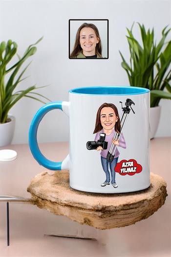Fotoğrafçıya Hediye Kadın Fotoğrafçı Karikatürlü Kupa Bardak