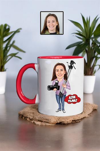 Fotoğrafçıya Hediye Kadın Fotoğrafçı Karikatürlü Kupa Bardak