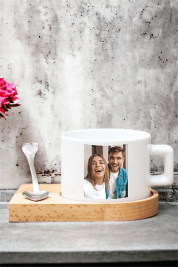 Kişiye Özel Fotoğraflı Ahşap Altlıklı Kahve Fincanı