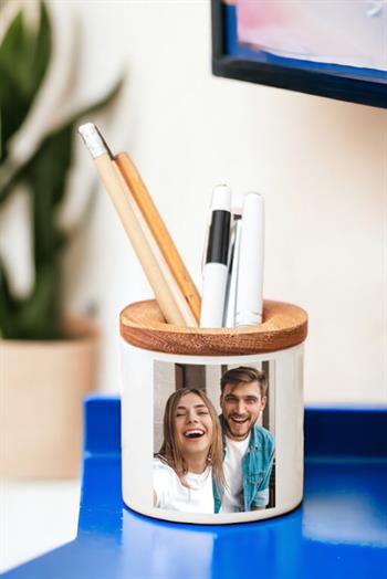 Fotoğraflı Ahşap Kapaklı Kalemlik