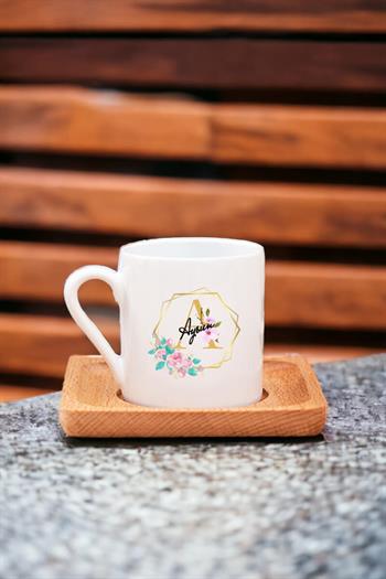 Geometrik Yaldız Tasarım Harfli Ahşap Altlıklı Türk Kahvesi Fincanı