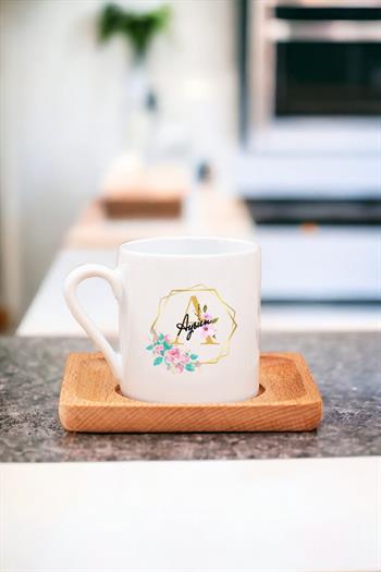 Geometrik Yaldız Tasarım Harfli Ahşap Altlıklı Türk Kahvesi Fincanı