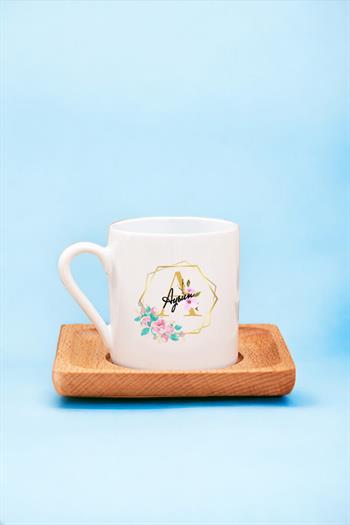 Geometrik Yaldız Tasarım Harfli Ahşap Altlıklı Türk Kahvesi Fincanı