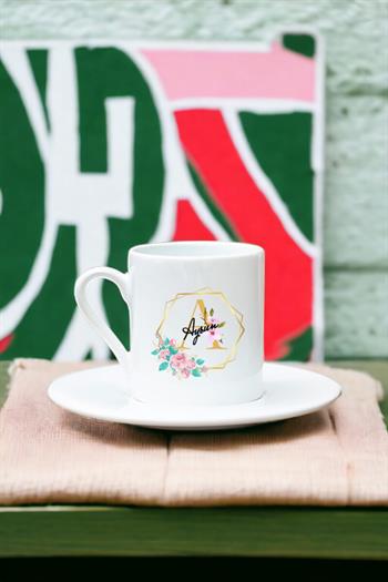 Geometrik Yaldız Tasarım Harfli Beyaz Türk Kahvesi Fincanı