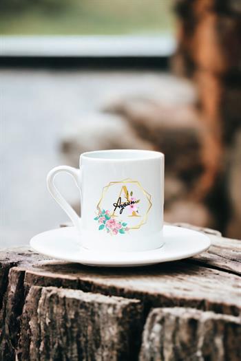 Geometrik Yaldız Tasarım Harfli Beyaz Türk Kahvesi Fincanı