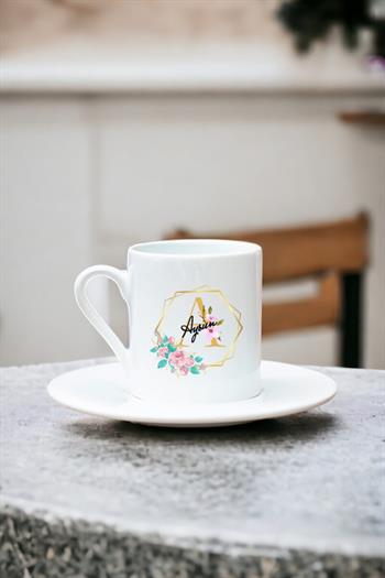 Geometrik Yaldız Tasarım Harfli Beyaz Türk Kahvesi Fincanı