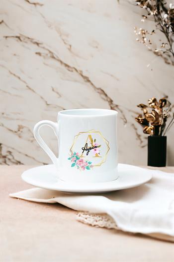 Geometrik Yaldız Tasarım Harfli Beyaz Türk Kahvesi Fincanı