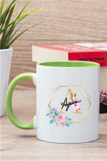 Geometrik Yaldız Tasarım Harfli İçi Renkli Kupa Bardak