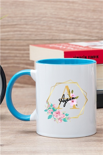 Geometrik Yaldız Tasarım Harfli İçi Renkli Kupa Bardak