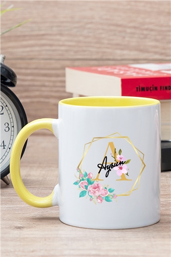 Geometrik Yaldız Tasarım Harfli İçi Renkli Kupa Bardak