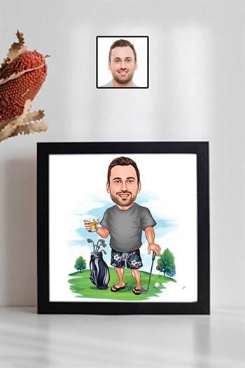 Golfçüye Hediye Karikatürlü Kare Çerçeve