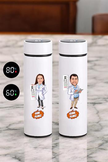 Göz Doktoruna Hediye Karikatürlü Dijital Göstergeli Çelik Termos