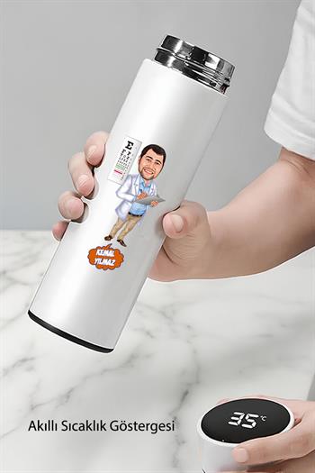 Göz Doktoruna Hediye Karikatürlü Dijital Göstergeli Çelik Termos