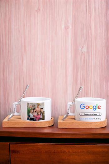 Halaya Hediye Google Tasarım Fotoğraflı Ahşap Altlıklı Fincan