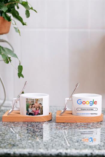 Halaya Hediye Google Tasarım Fotoğraflı Ahşap Altlıklı Fincan