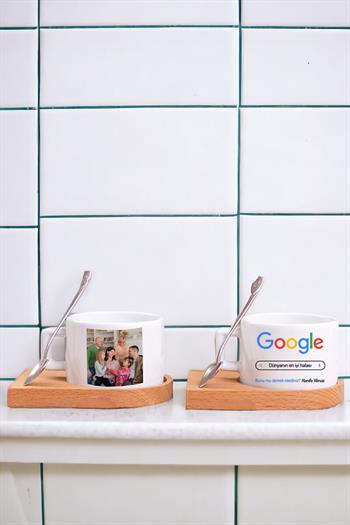 Halaya Hediye Google Tasarım Fotoğraflı Ahşap Altlıklı Fincan