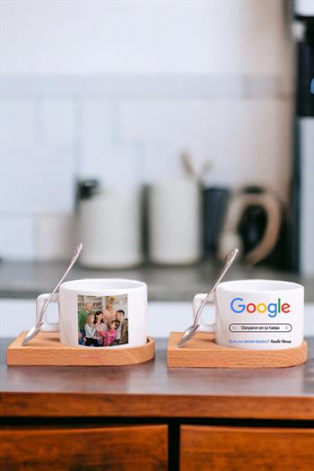 Halaya Hediye Google Tasarım Fotoğraflı Ahşap Altlıklı Fincan