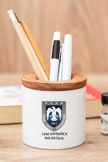 Hava Kuvvetleri Komutanına Hediye Seti Ahşap Altlıklı Fincan ve Kalemlik