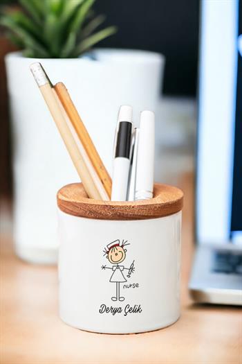 Hemşire Karikatürü Ahşap Kapaklı Kalemlik